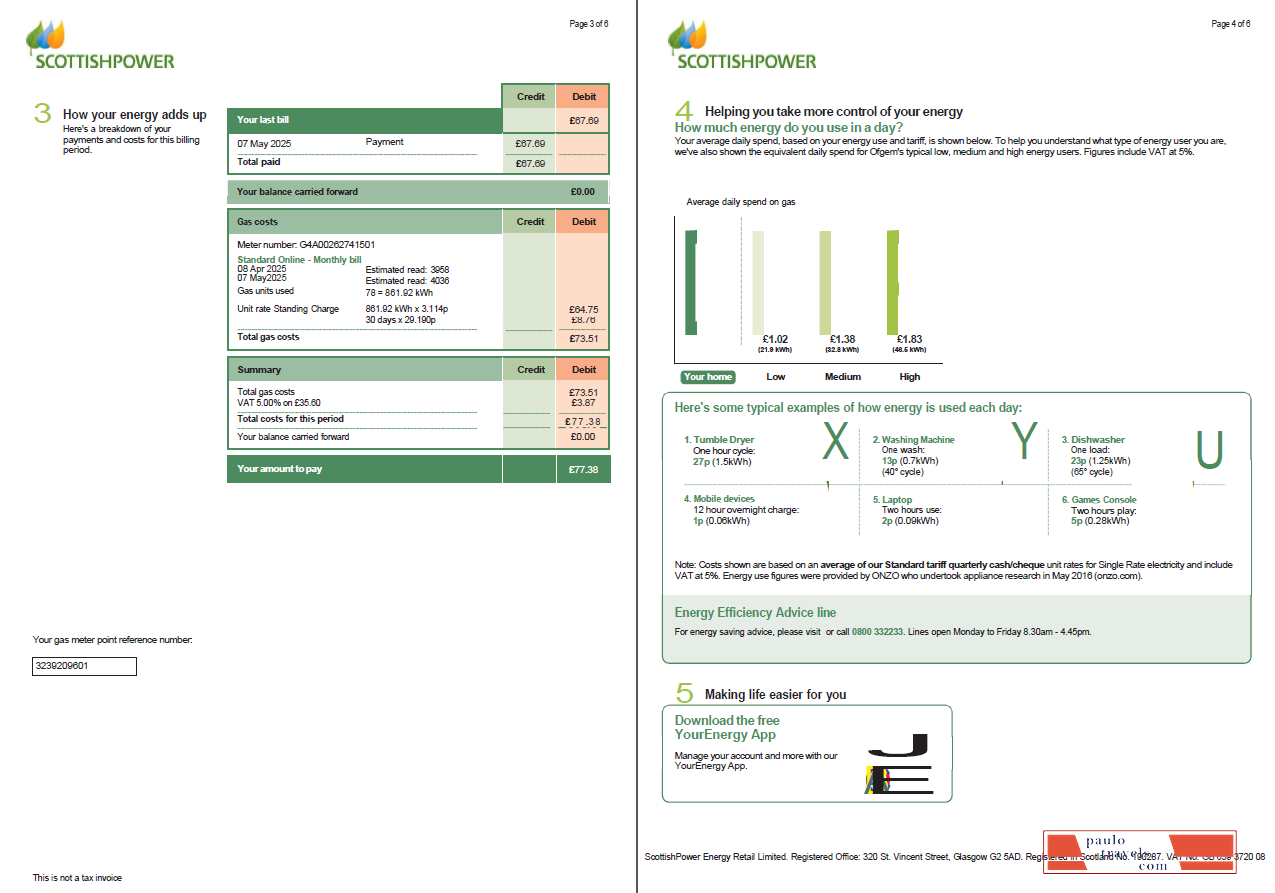 Scotland Scottish Power utility bill template in Word and PDF formats, 6 pages, 3 4 pages